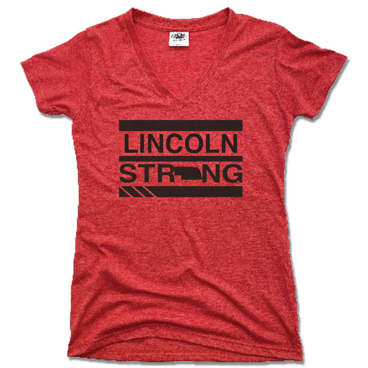 KD DESIGNS | LADIES RED V-NECK | LINCOLN STRONG