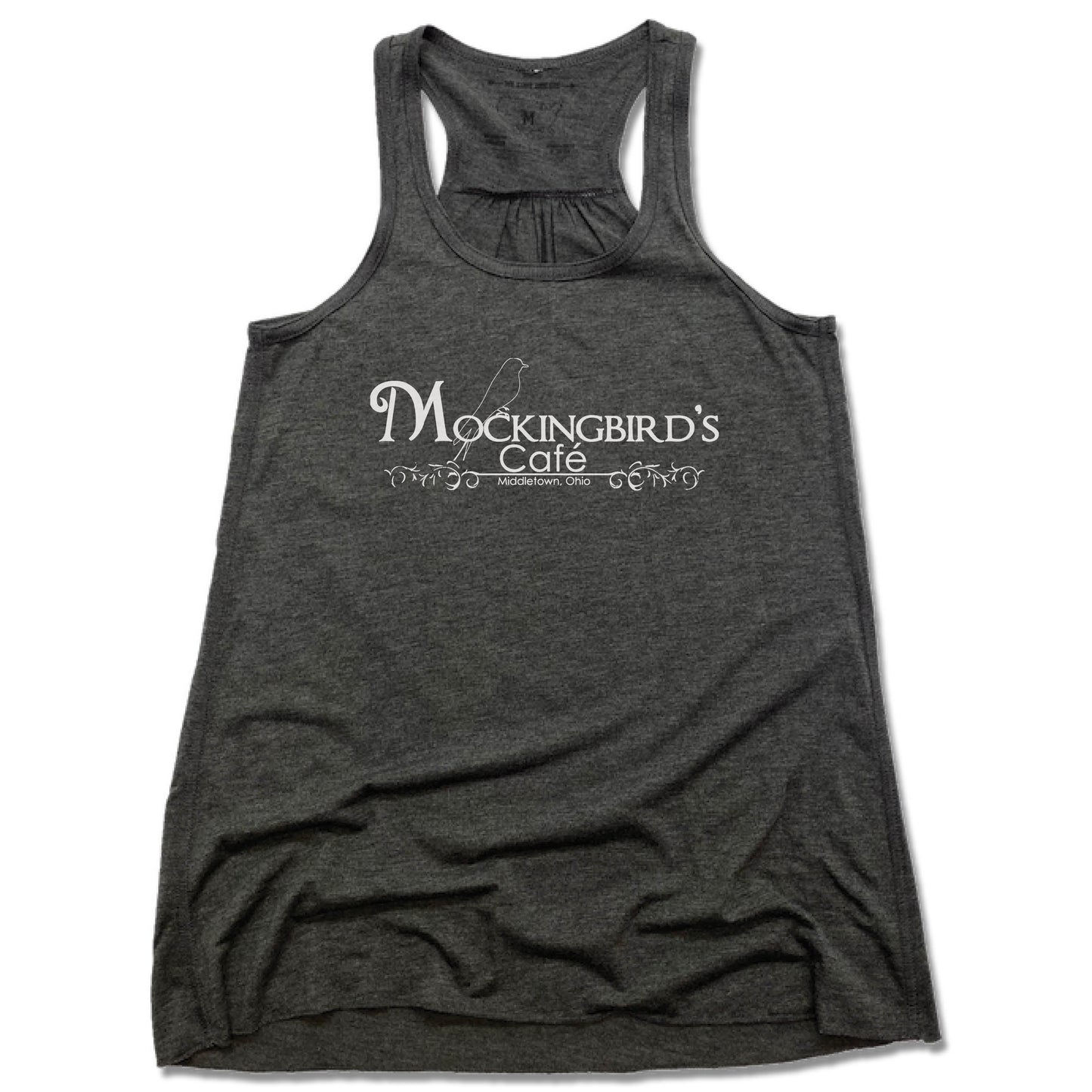 MOCKING BIRD CAFE | LADIES GRAY FLOWY TANK | WHITE LOGO