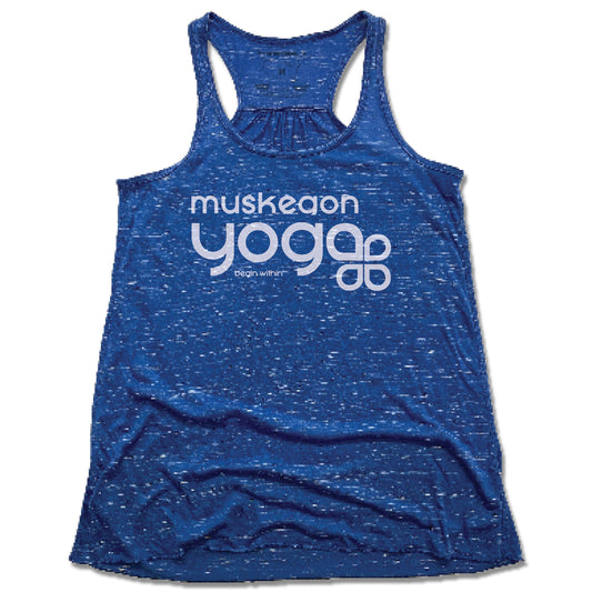 Muskegon Yoga | LADIES BLUE FLOWY TANK | Begin Within White