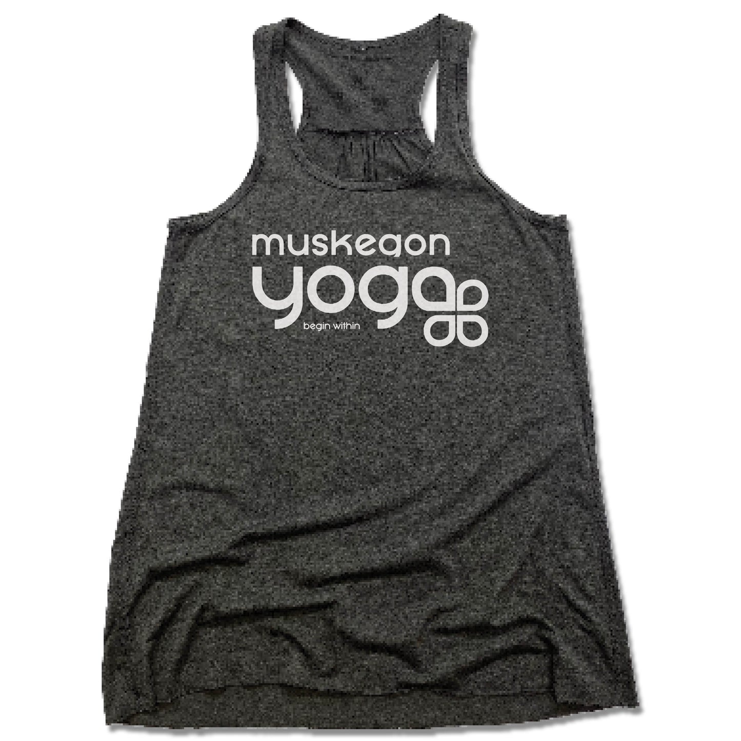 Muskegon Yoga | LADIES GRAY FLOWY TANK | Begin Within White