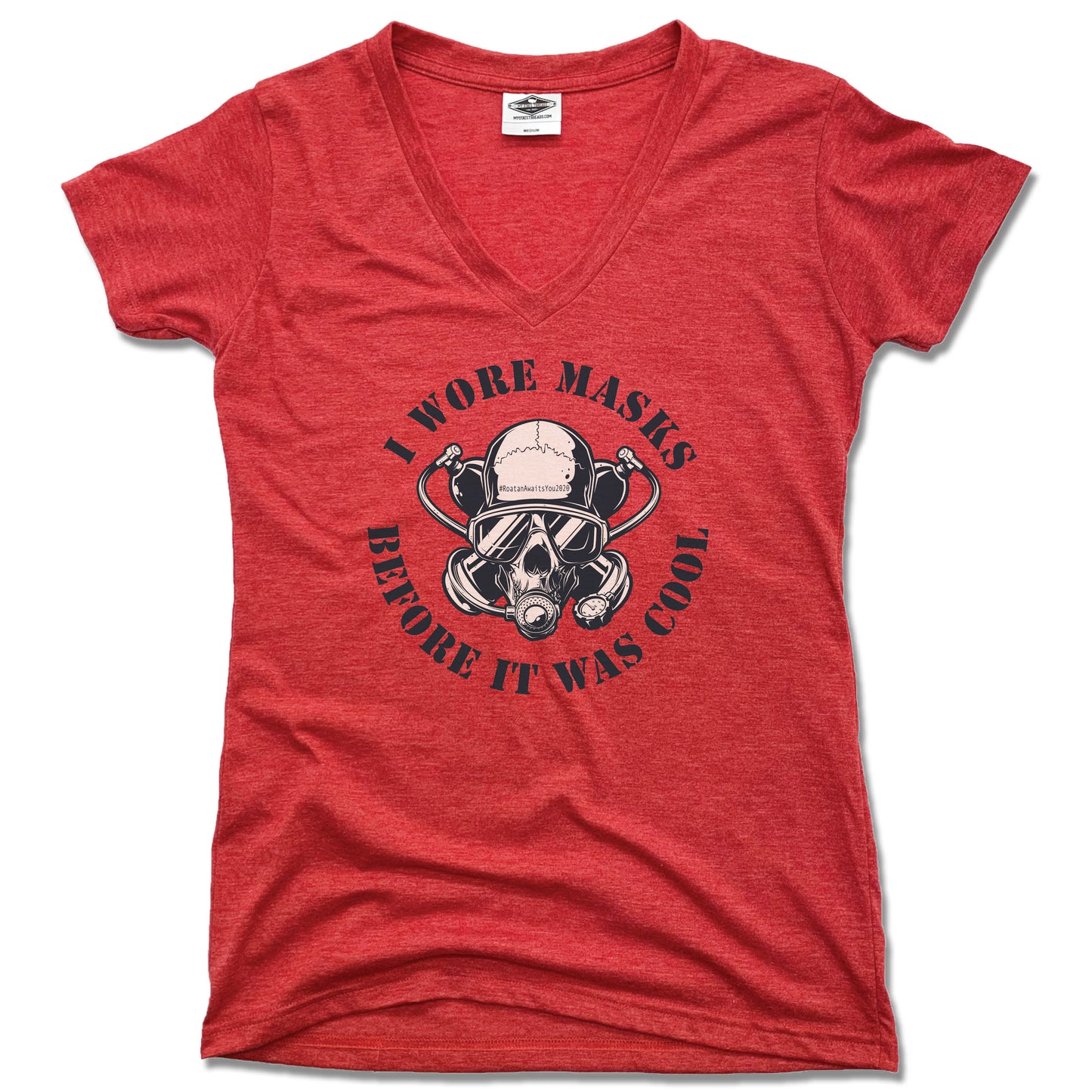MAYAN DIVERS | LADIES RED V-NECK | I WORE MASKS BEFORE