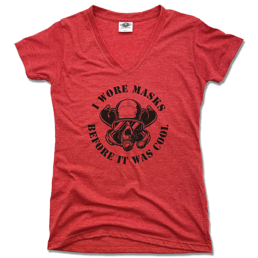 MAYAN DIVERS | LADIES RED V-NECK | I WORE MASKS BEFORE