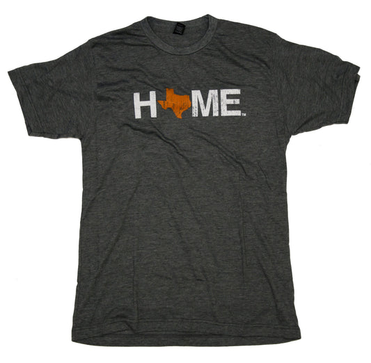 Unisex Charcoal HOME Crew Neck with an orange Texas as the O