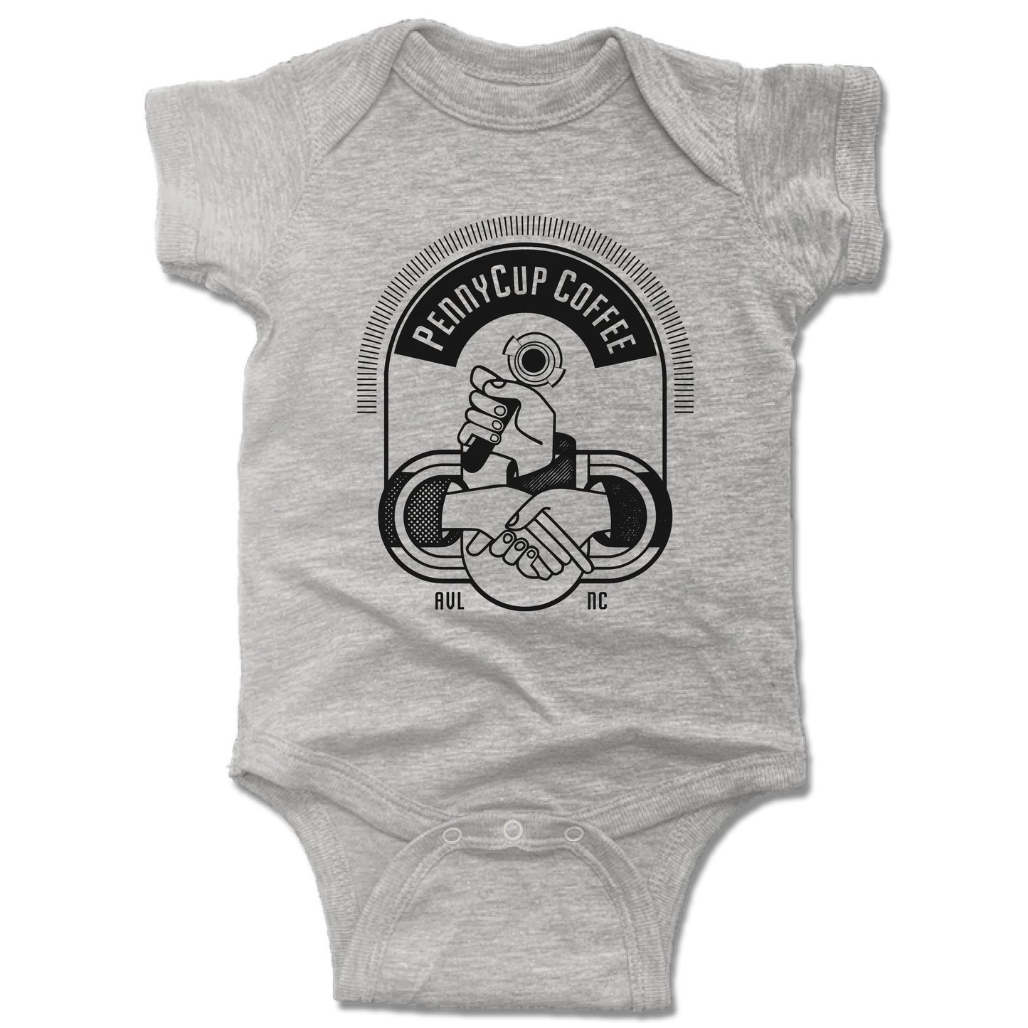 PENNYCUP COFFEE CO | GRAY ONESIE | LOGO