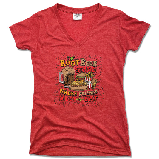 LADIES RED V-NECK | Friends Meet | The Root Beer Stand