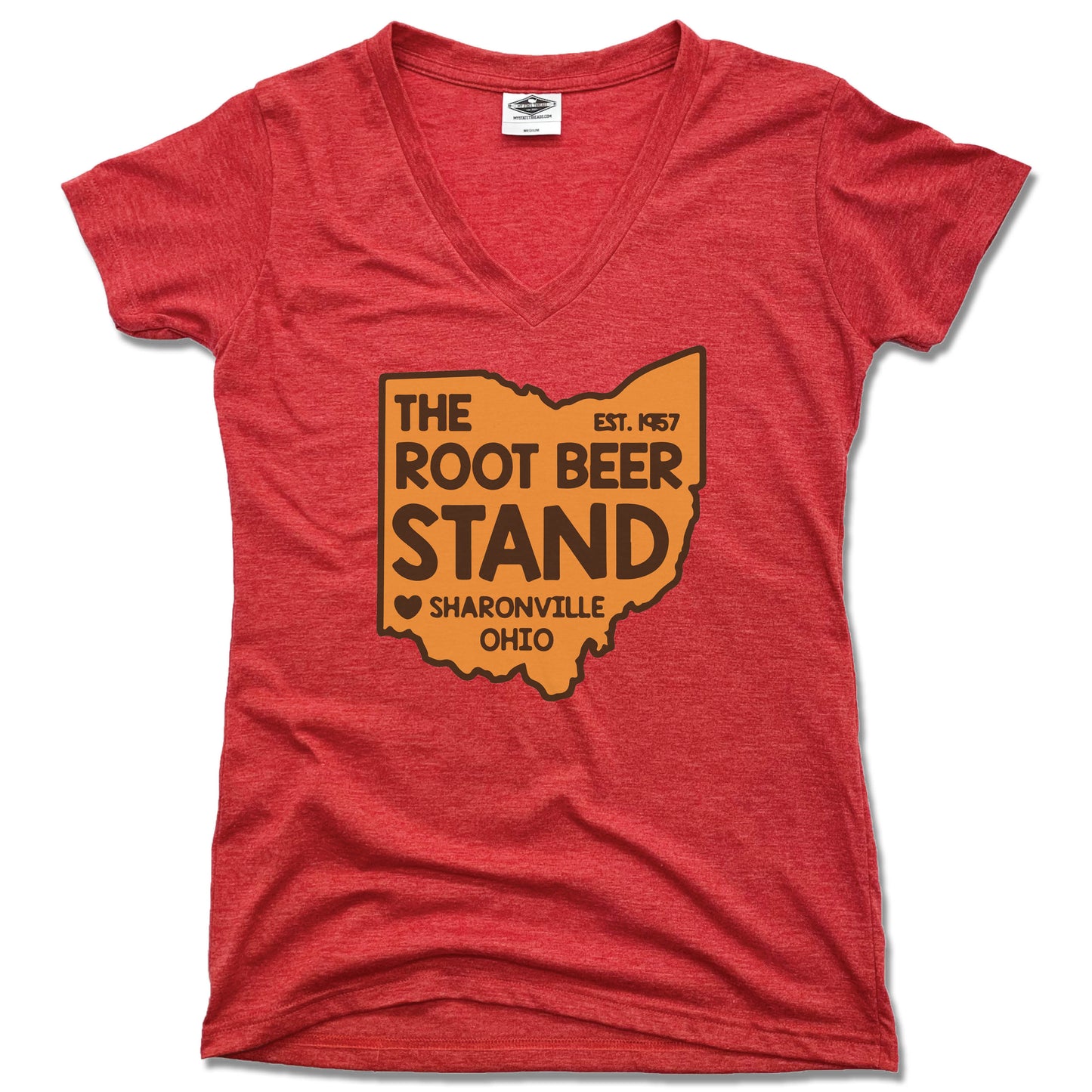 LADIES RED V-NECK | Ohio Sticker | The Root Beer Stand