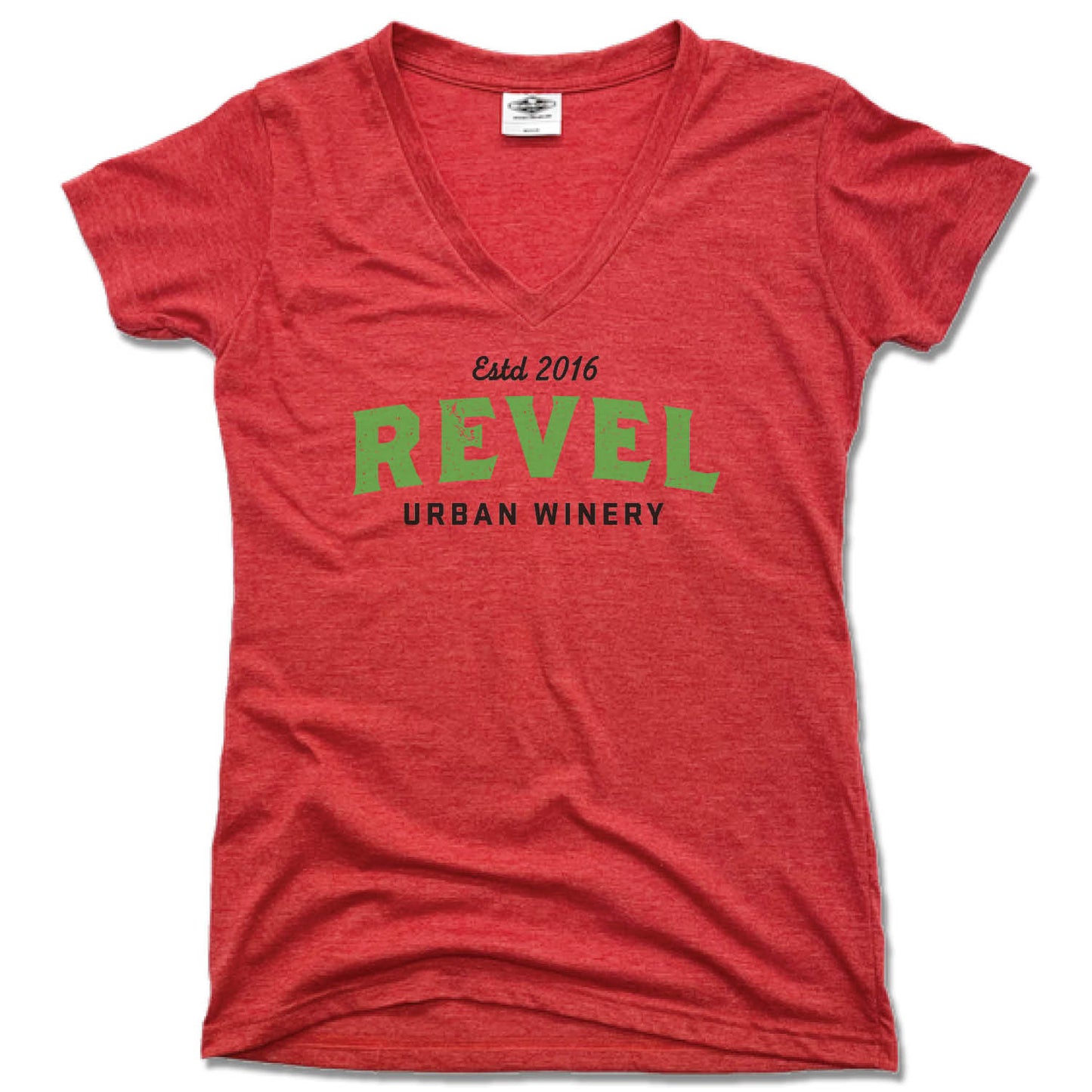 REVEL | GREEN LOGO | LADIES RED V-NECK