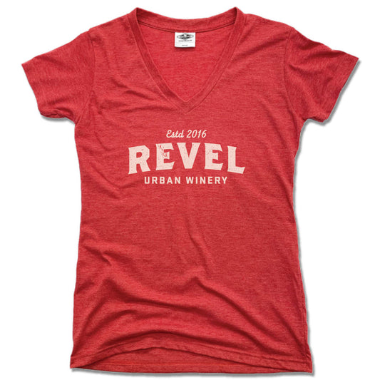 REVEL | WHITE LOGO | LADIES RED V-NECK