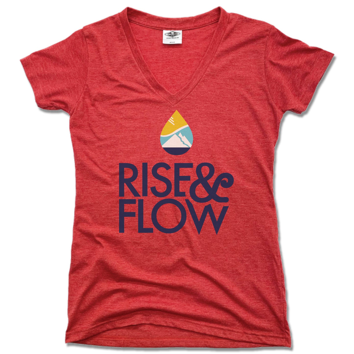 RISE AND FLOW YOGA STUDIO | LADIES RED V-NECK | BLUE LOGO