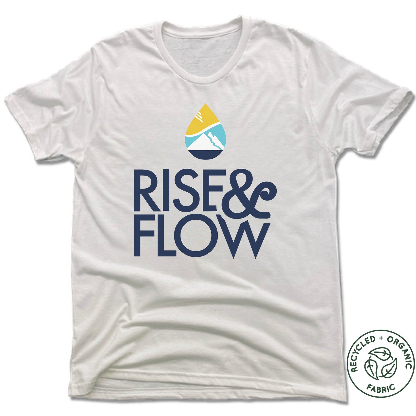 RISE AND FLOW YOGA STUDIO | UNISEX WHITE Recycled Tri-Blend | BLUE LOGO