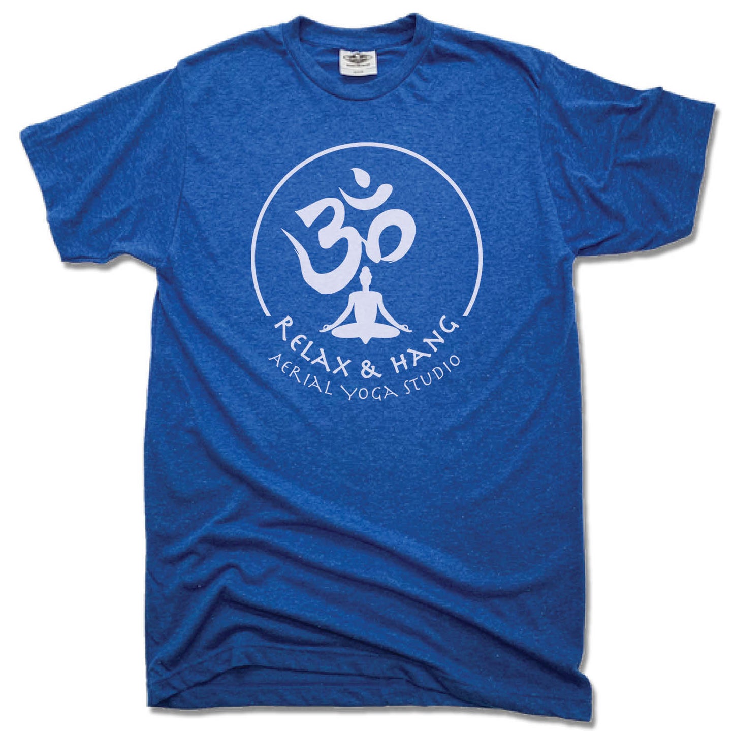 RELAX AND HANG AERIAL YOGA STUDIOS | UNISEX BLUE TEE | WHITE LOGO