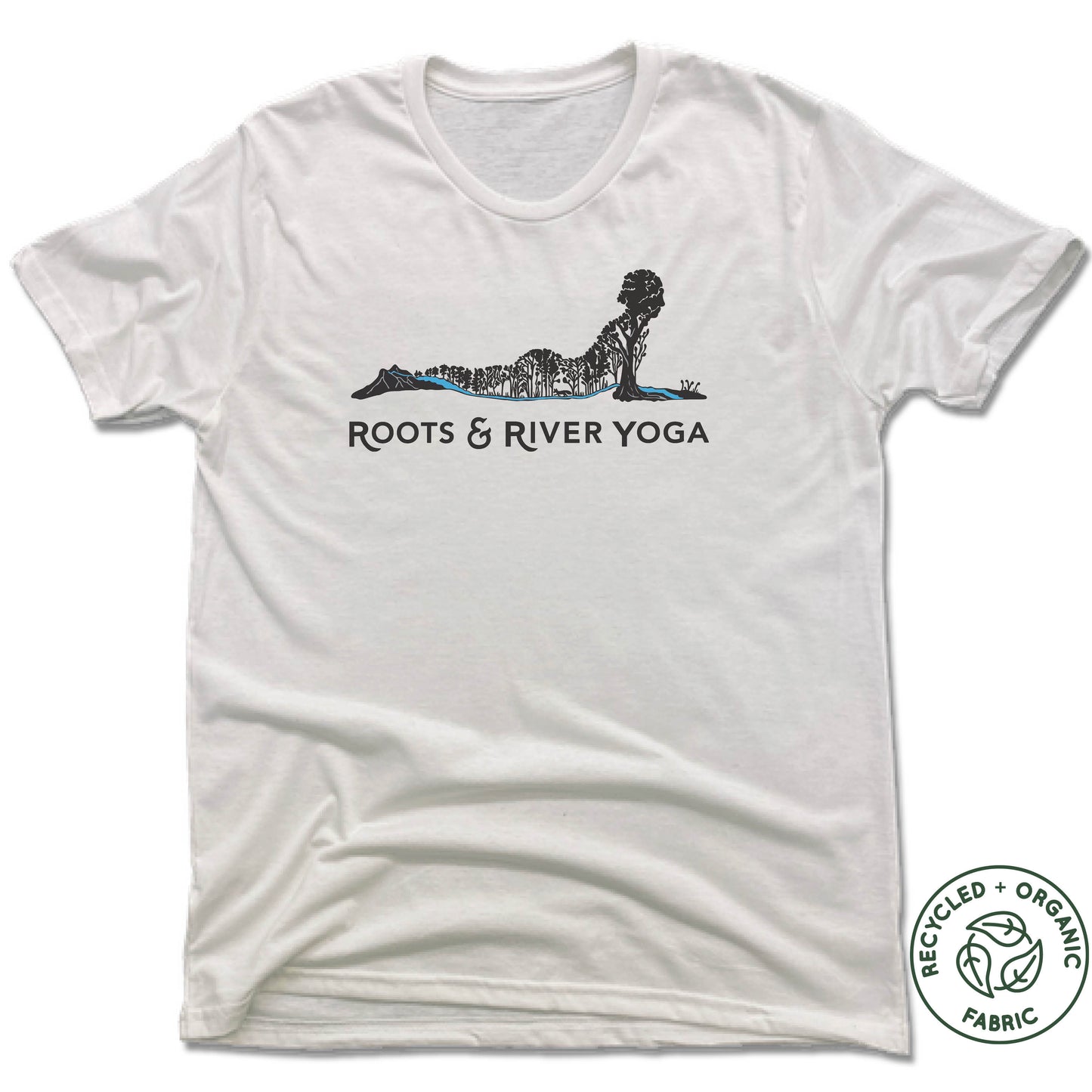 ROOTS & RIVER YOGA | UNISEX WHITE Recycled Tri-Blend | BLACK LOGO