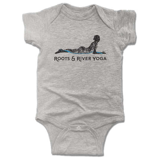 ROOTS & RIVER YOGA | GRAY ONESIE | BLACK LOGO