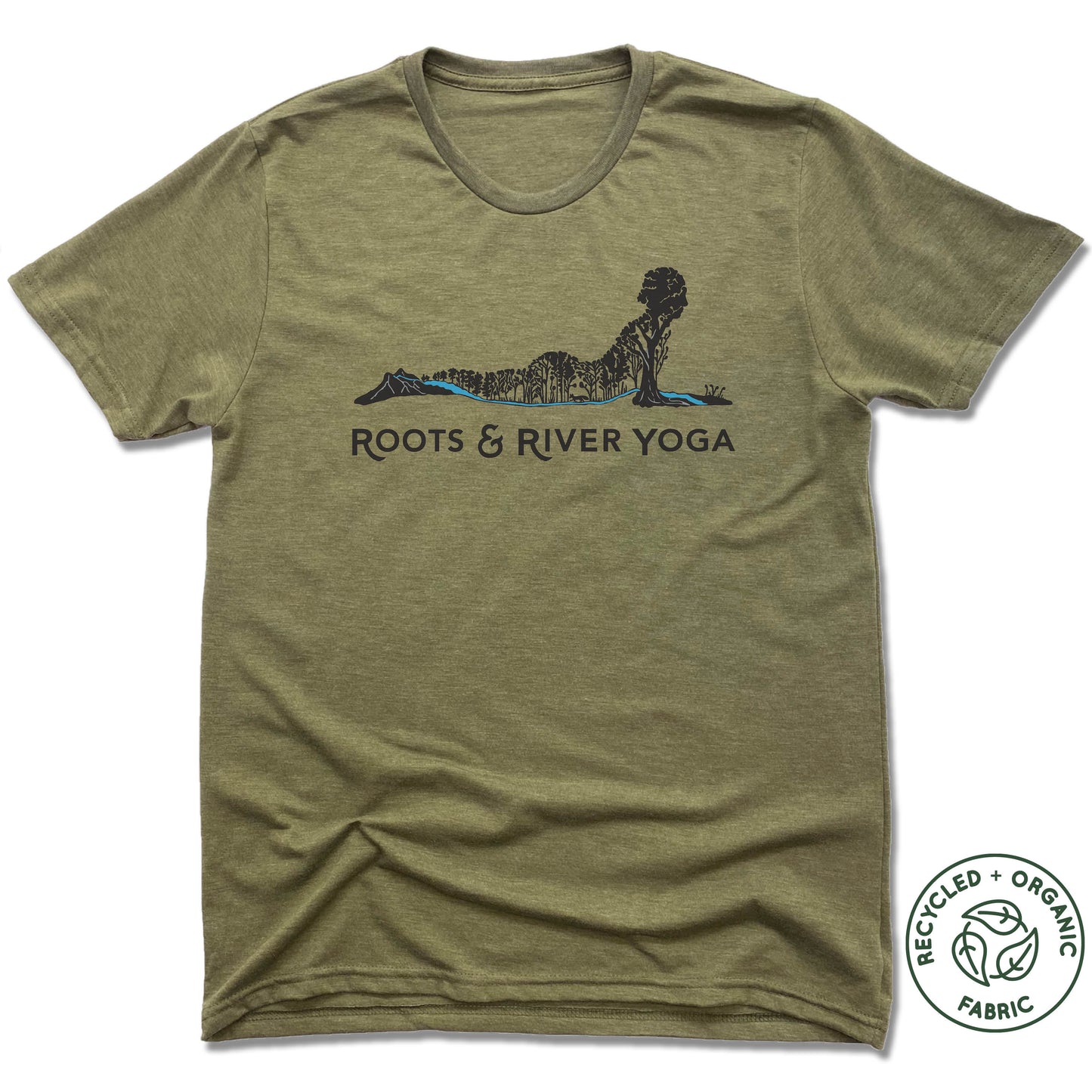 ROOTS & RIVER YOGA | UNISEX OLIVE Recycled Tri-Blend | BLACK LOGO