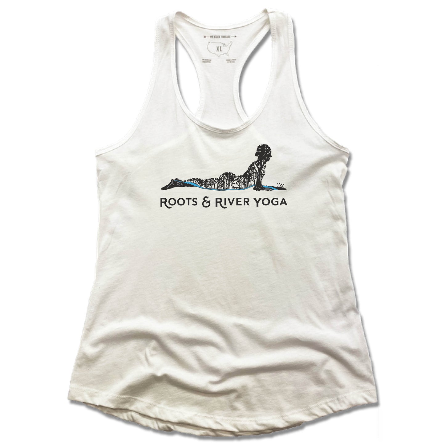 ROOTS & RIVER YOGA | LADIES WHITE TANK | BLACK LOGO