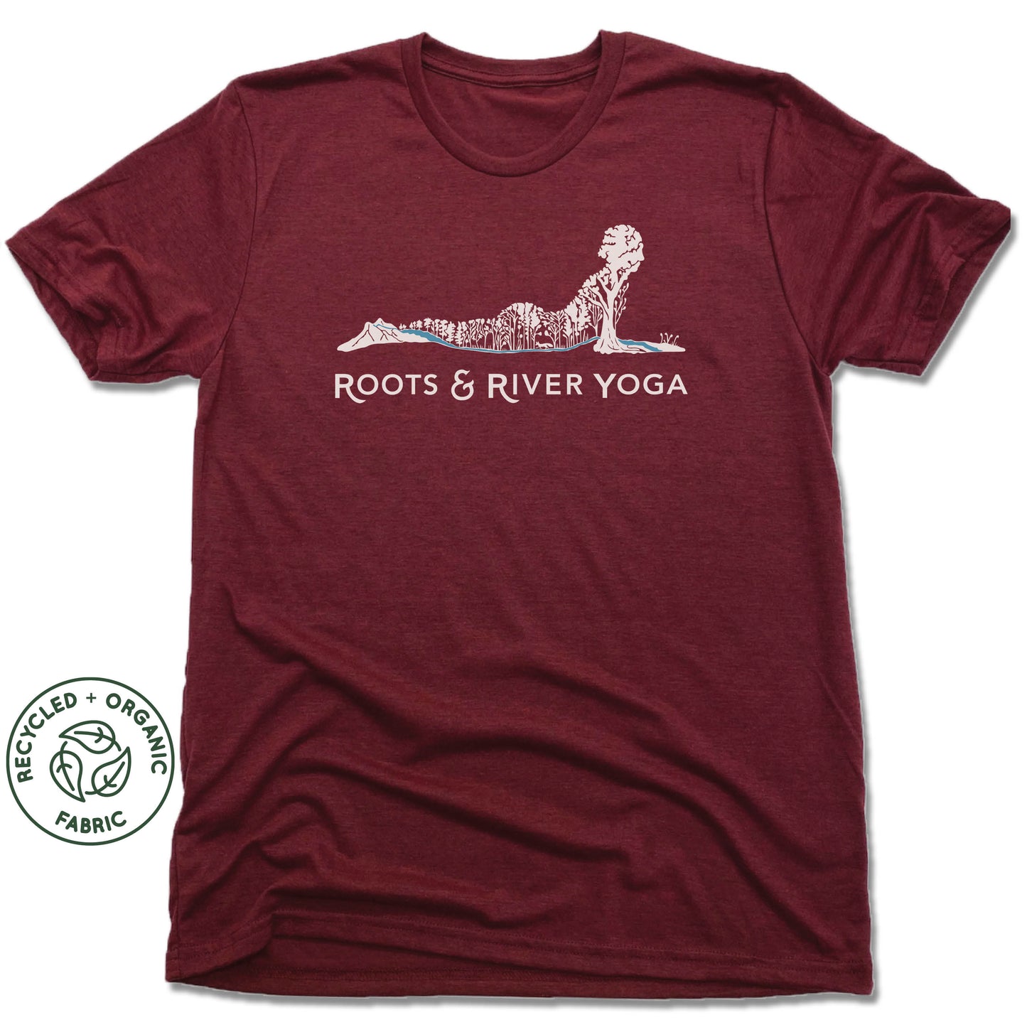 ROOTS & RIVER YOGA | UNISEX VINO RED Recycled Tri-Blend | WHITE LOGO