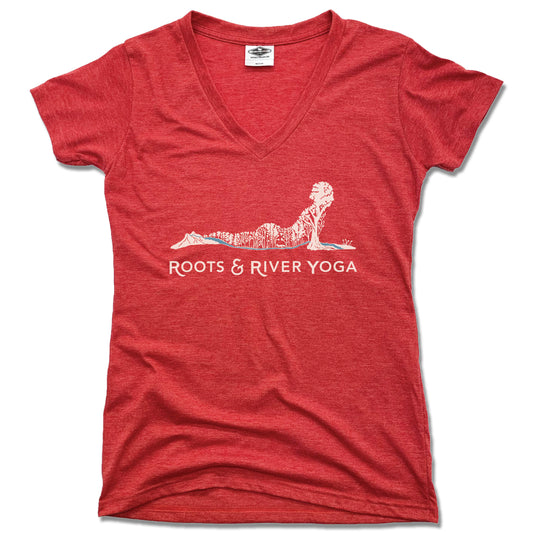 ROOTS & RIVER YOGA | LADIES RED V-NECK | WHITE LOGO