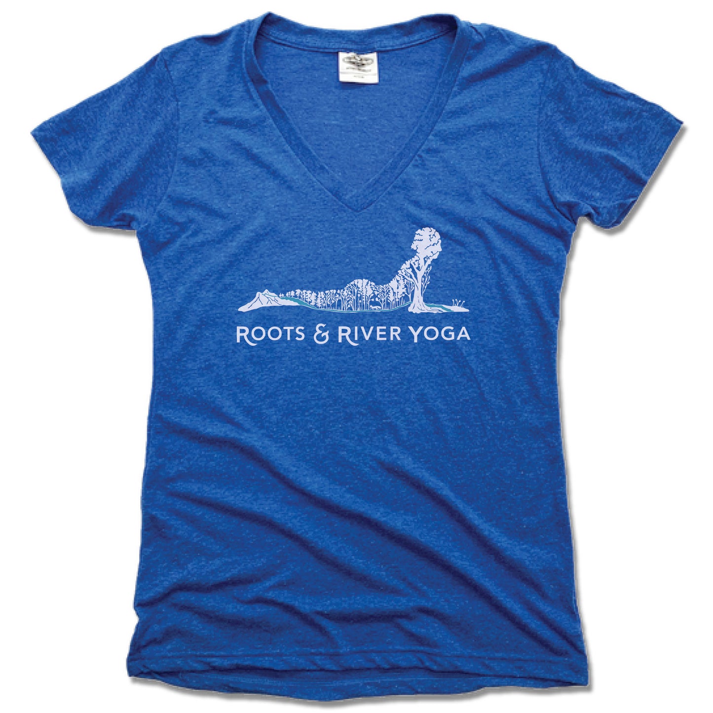 ROOTS & RIVER YOGA | LADIES BLUE V-NECK | WHITE LOGO