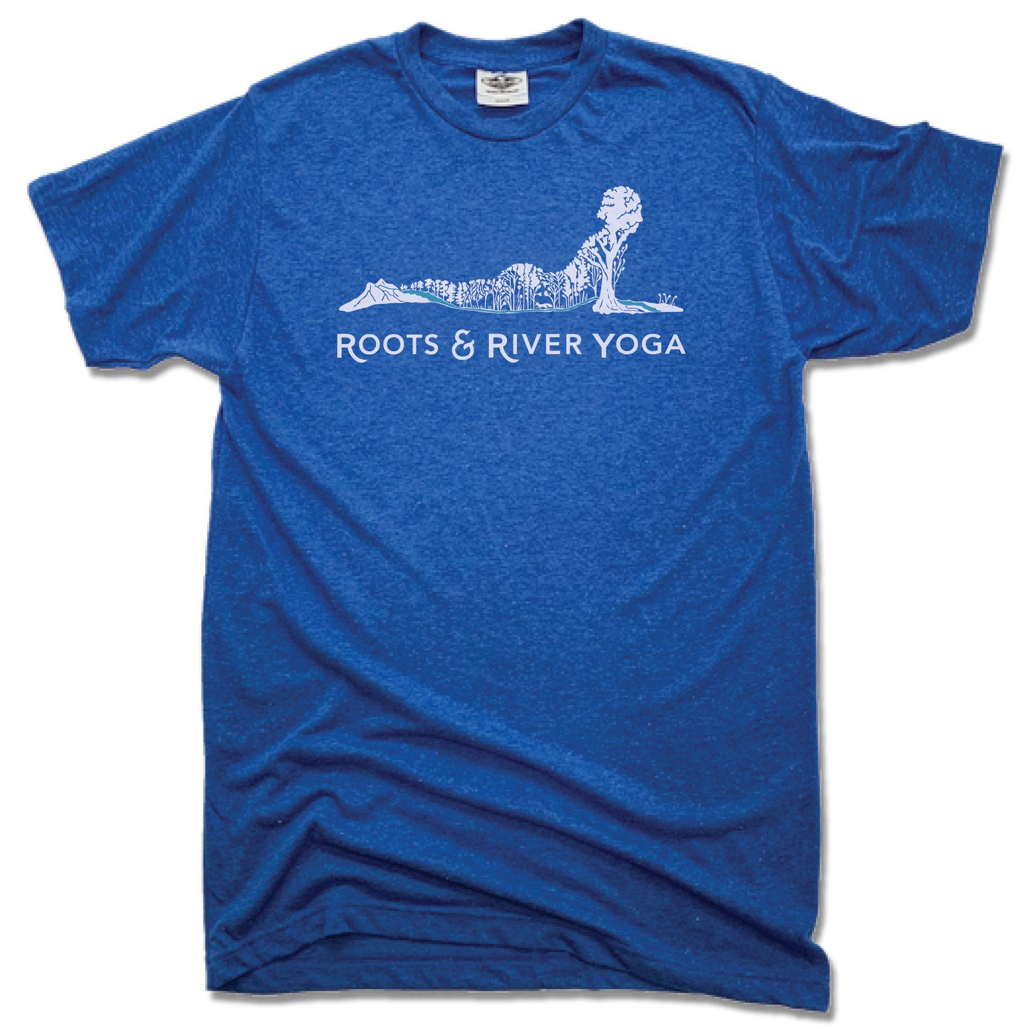 ROOTS & RIVER YOGA | UNISEX BLUE TEE | WHITE LOGO