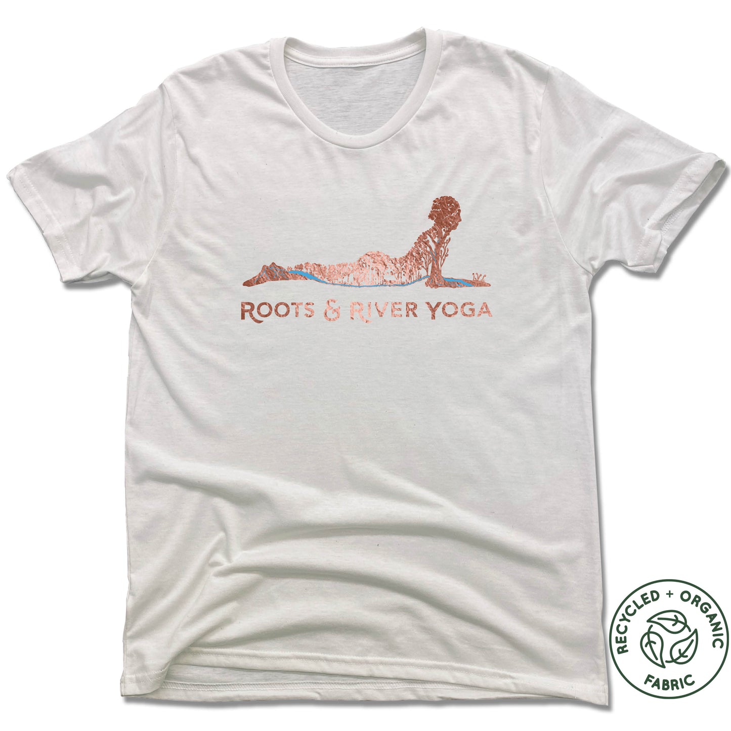 ROOTS & RIVER YOGA | UNISEX WHITE Recycled Tri-Blend | ROSE GOLD LOGO