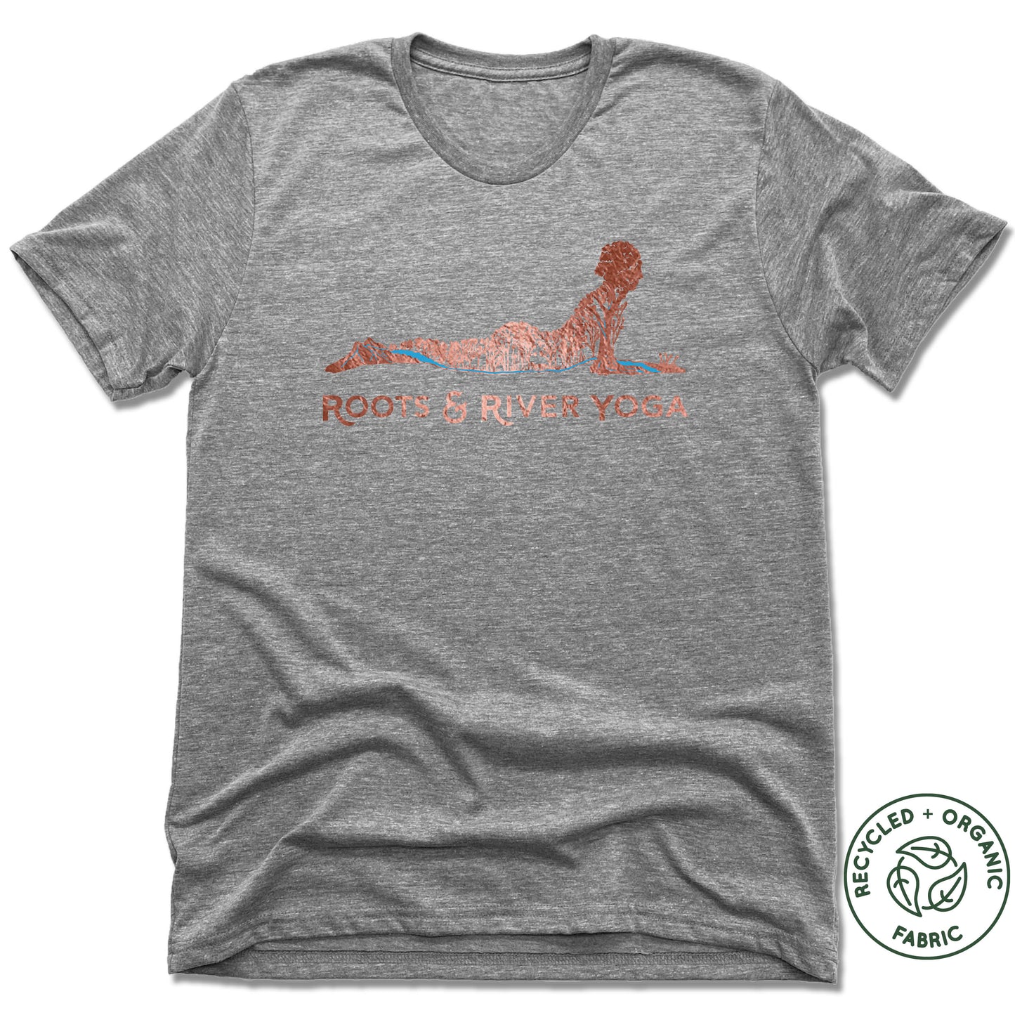 ROOTS & RIVER YOGA | UNISEX GRAY Recycled Tri-Blend | ROSE GOLD LOGO
