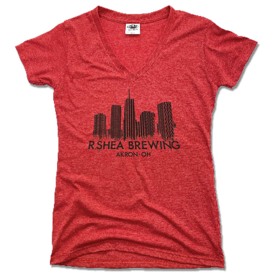 R. SHEA BREWING. | LADIES RED V-NECK | AKRON SKYLINE