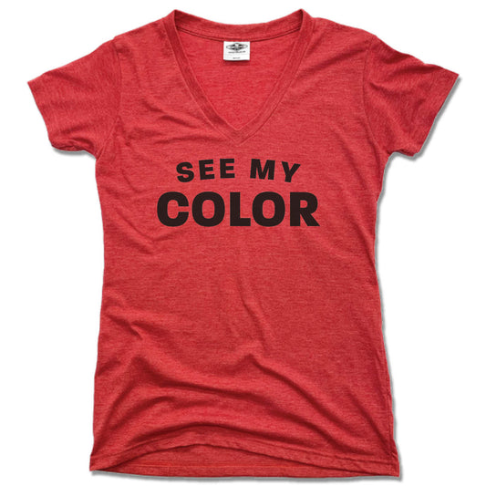 REVIVE THE COMMUNITY | LADIES RED V-NECK | SEE MY COLOR BLACK LOGO