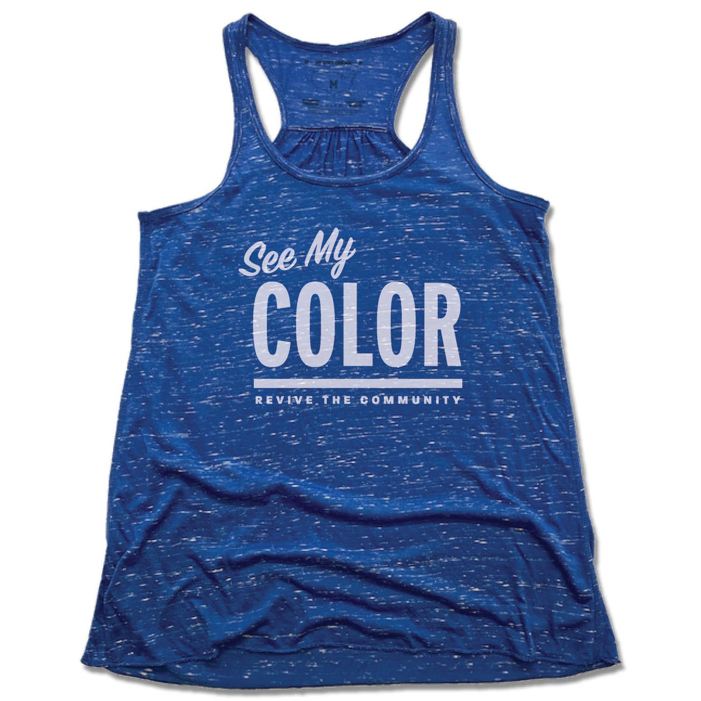 REVIVE THE COMMUNITY | LADIES BLUE FLOWY TANK | SEE MY COLOR WHITE LOGO