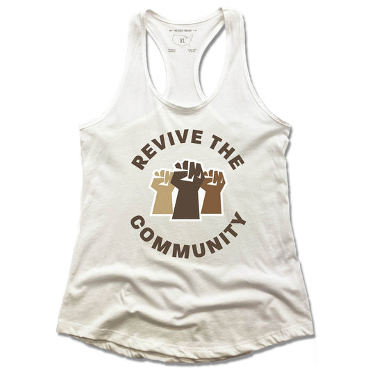 REVIVE THE COMMUNITY | LADIES WHITE TANK | GRAY LOGO