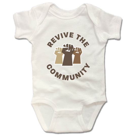 REVIVE THE COMMUNITY | WHITE ONESIE | GRAY LOGO