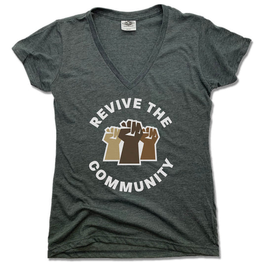 REVIVE THE COMMUNITY | LADIES V-NECK | WHITE LOGO