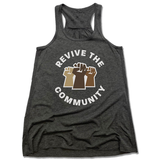 REVIVE THE COMMUNITY | LADIES GRAY FLOWY TANK | WHITE LOGO