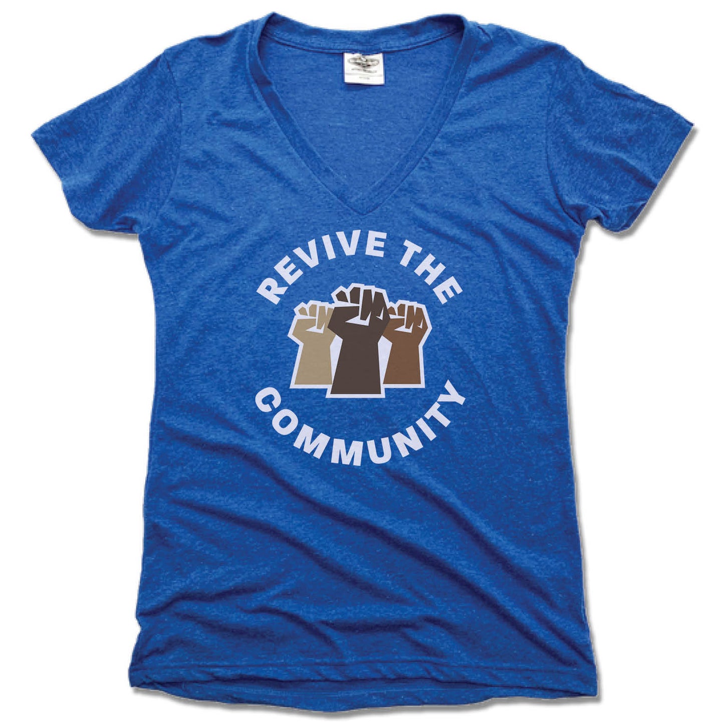 REVIVE THE COMMUNITY | LADIES BLUE V-NECK | WHITE LOGO