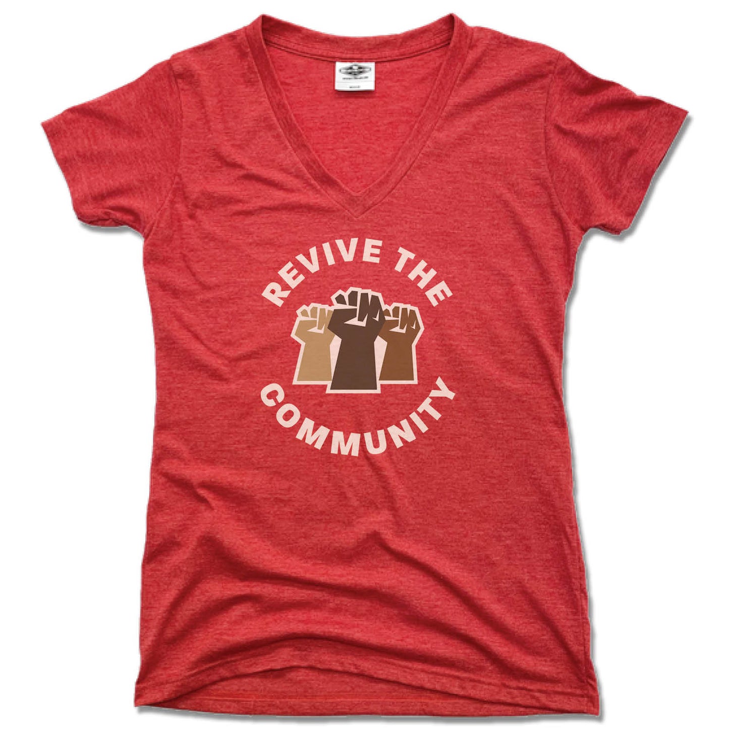 REVIVE THE COMMUNITY | LADIES RED V-NECK | WHITE LOGO