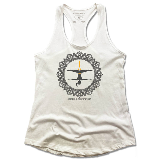 REACHING TREETOPS YOGA | LADIES WHITE TANK | AERIAL YOGA SUN