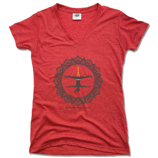 REACHING TREETOPS YOGA | LADIES RED V-NECK | AERIAL YOGA SUN