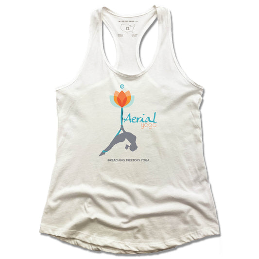 REACHING TREETOPS YOGA | LADIES WHITE TANK | AERIAL YOGA LOTUS