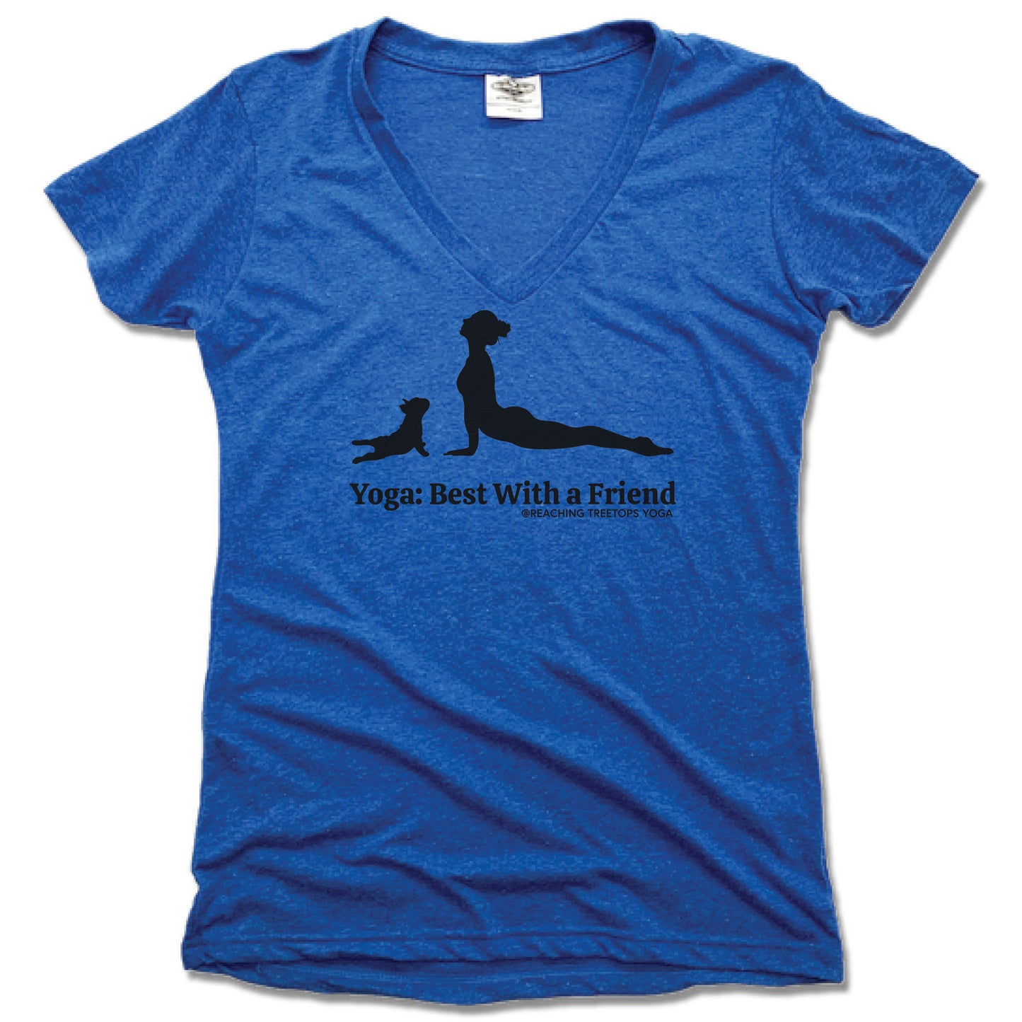 REACHING TREETOPS YOGA | LADIES BLUE V-NECK | BEST WITH A FRIEND
