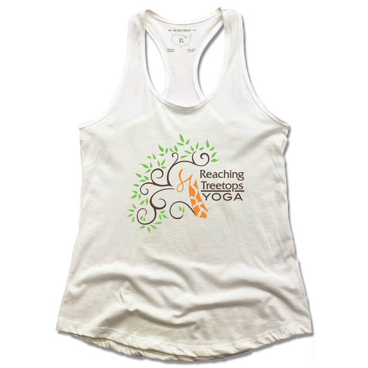 REACHING TREETOPS YOGA | LADIES WHITE TANK | LOGO