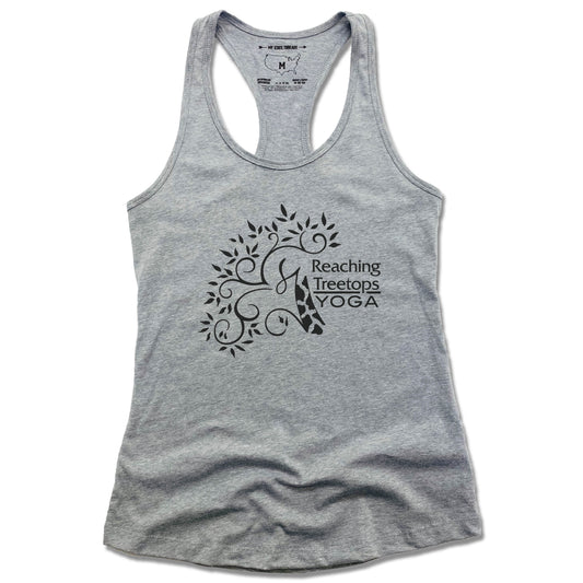 REACHING TREETOPS YOGA | LADIES GRAY TANK | LOGO BLACK