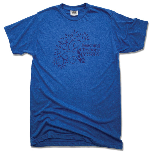 REACHING TREETOPS YOGA | UNISEX BLUE TEE | LOGO NAVY