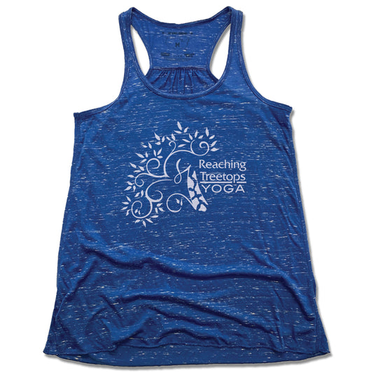 REACHING TREETOPS YOGA | LADIES BLUE FLOWY TANK | LOGO WHITE