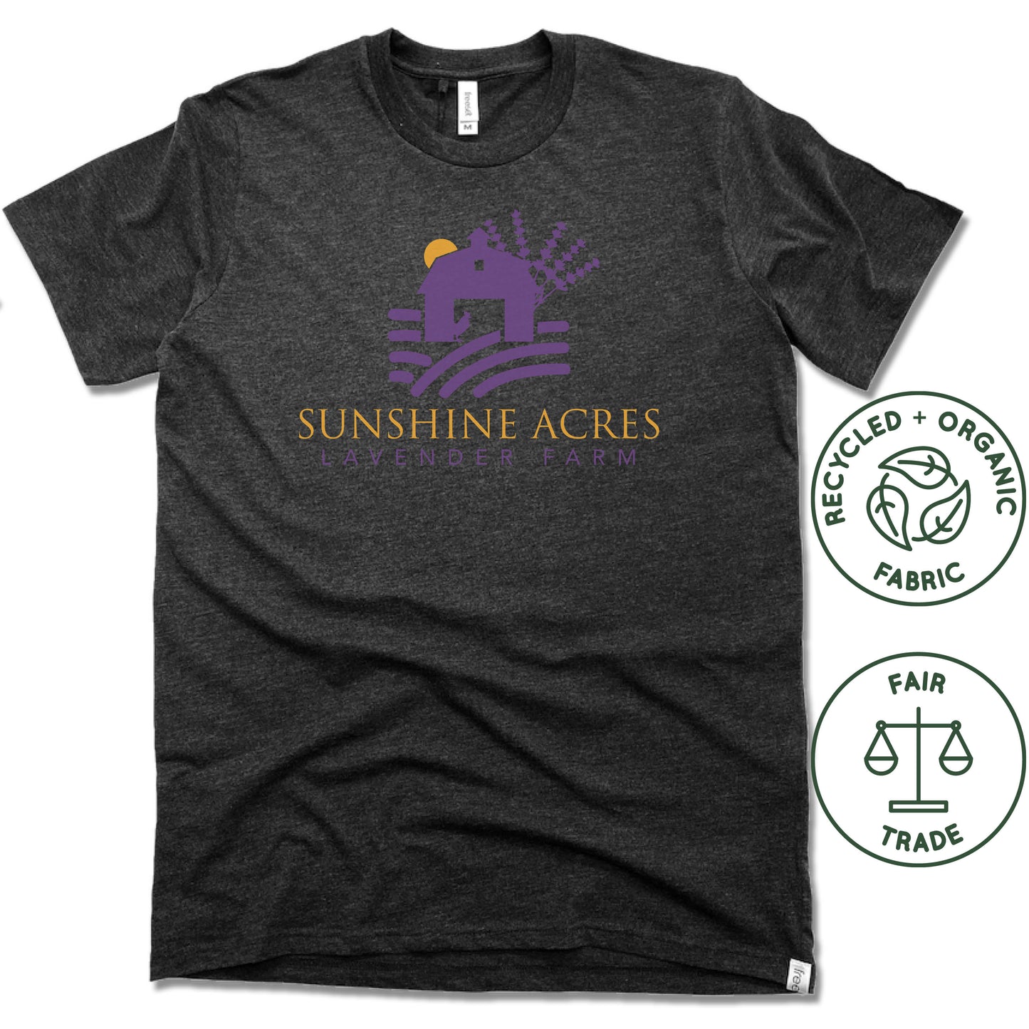 SUNSHINE ACRES LAVENDER FARM | FAIRTRADE FREESET BLACK UNISEX TEE | PURPLE LOGO