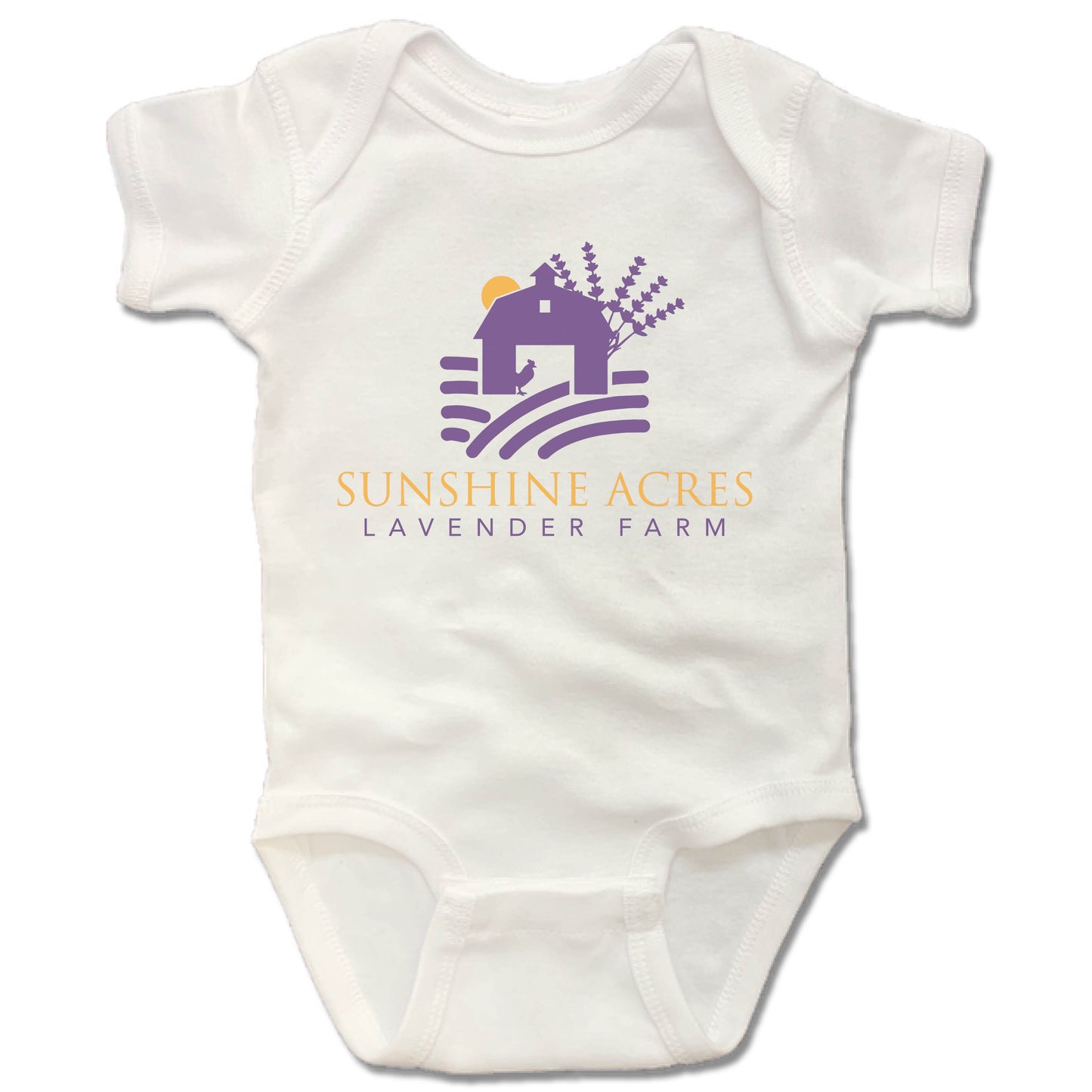 SUNSHINE ACRES LAVENDER FARM | WHITE ONESIE | PURPLE LOGO