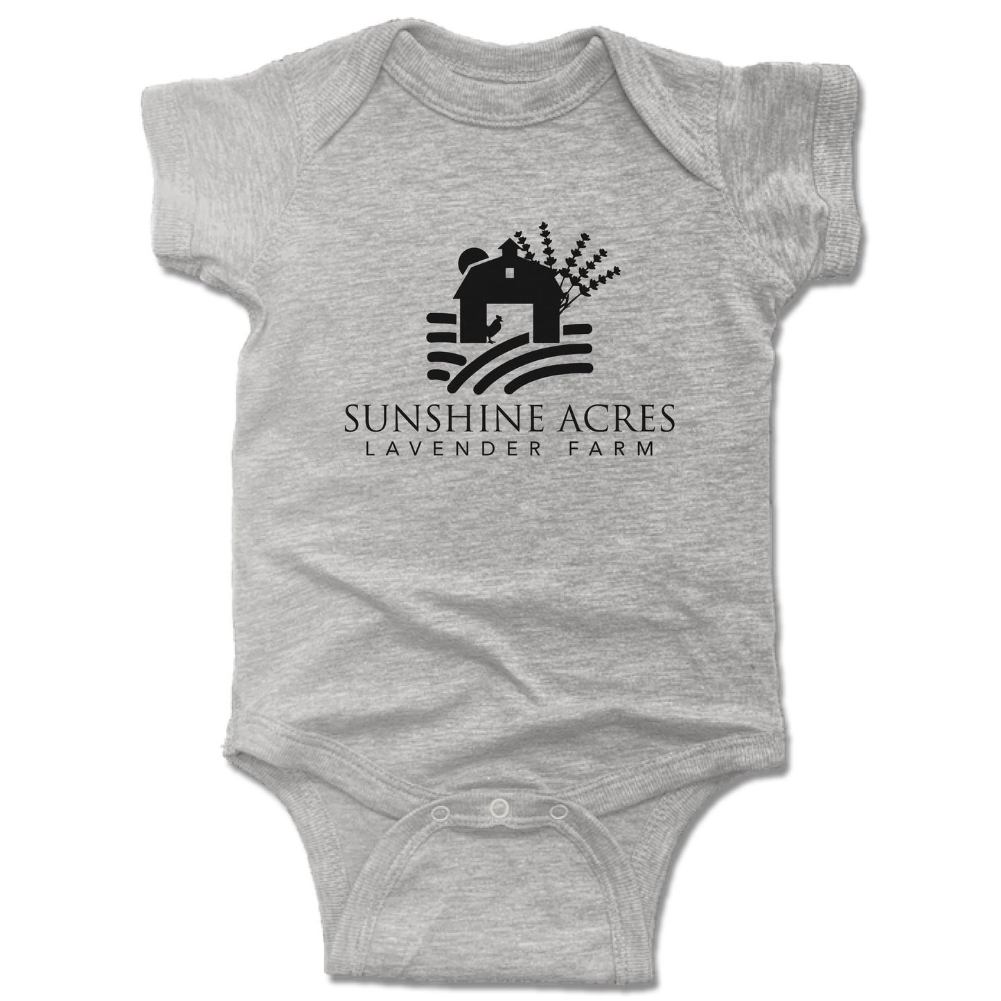 SUNSHINE ACRES LAVENDER FARM | GRAY ONESIE | BLACK LOGO