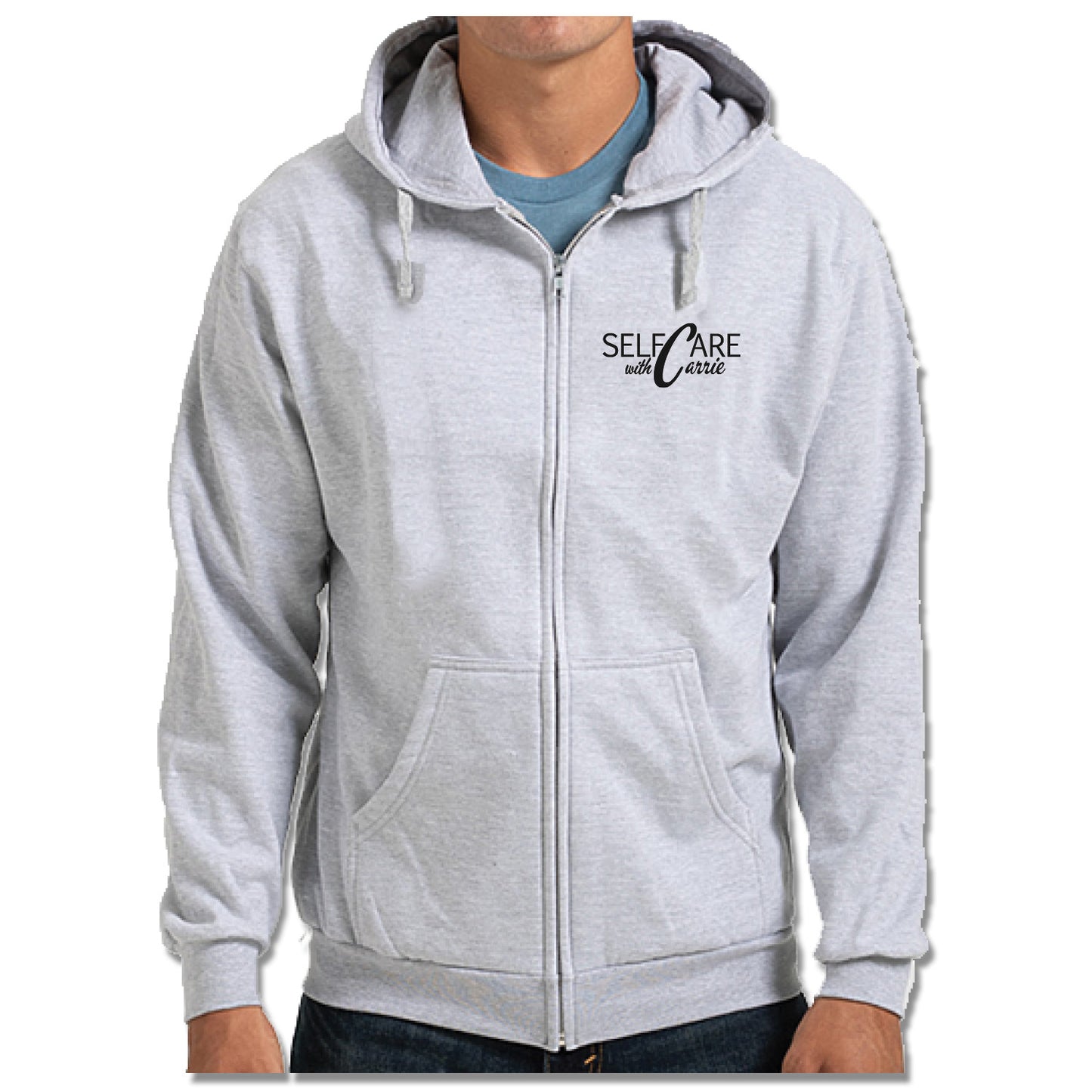 SELF CARE WITH CARRIE | LIGHT GRAY ZIP HOODIE | BLACK LOGO