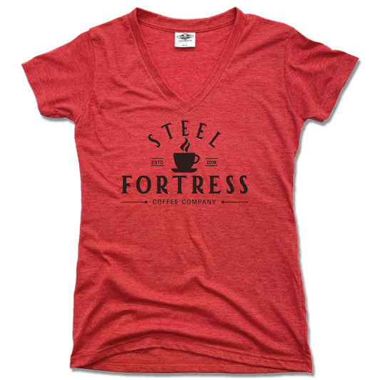 STEEL FORTRESS COFFEE | LADIES RED V-NECK | LOGO