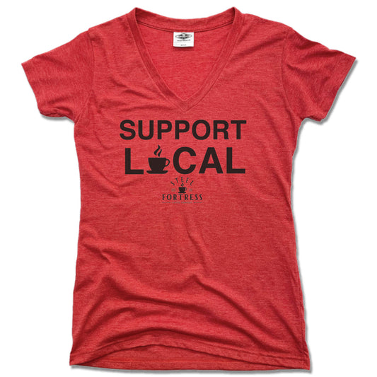 STEEL FORTRESS COFFEE | LADIES RED V-NECK | SUPPORT LOCAL