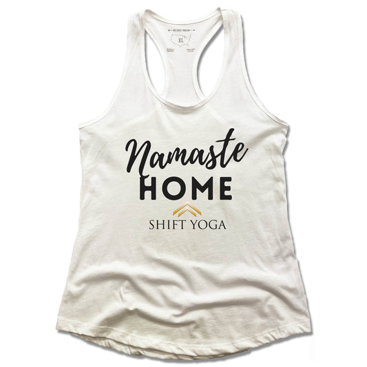 SHIFT YOGA | LADIES WHITE TANK | BLACK NAMASTE HOME