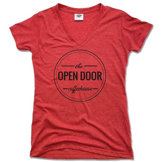 THE OPEN DOOR | LADIES RED V-NECK | LOGO - BLACK